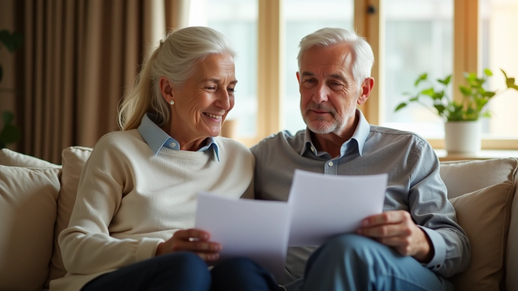 Couple sitting together reviewing retirement plan documents in comfortable living room setting