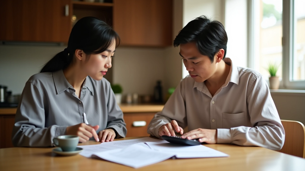 Family sitting at kitchen table with notebooks and calculator, planning household expenses together