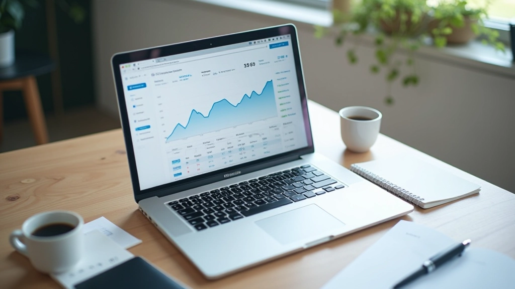 Laptop screen showing investment portfolio dashboard with asset allocation charts and performance metrics