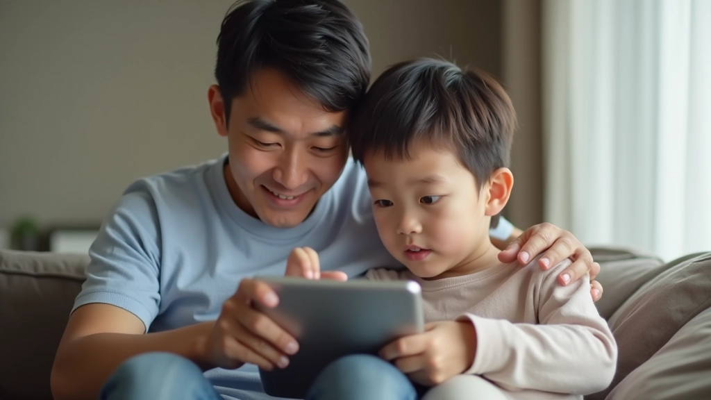 Parent and child looking at education savings calculator on tablet together