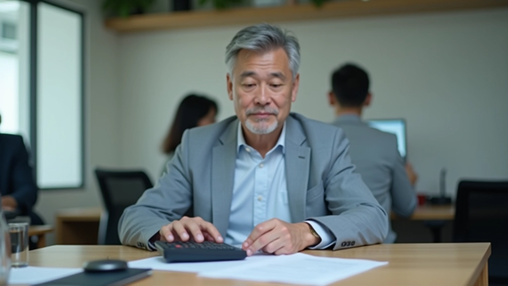 Person using calculator and financial documents at modern desk with laptop, calculating monthly household income