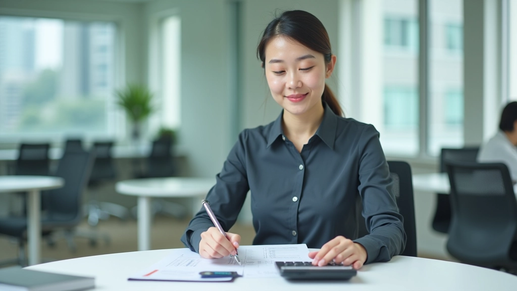 Professional woman reviewing financial documents at office desk with calculator and notebook