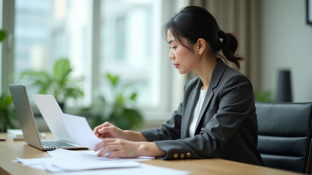 Woman sitting at desk reviewing investment portfolio statement and retirement planning documents